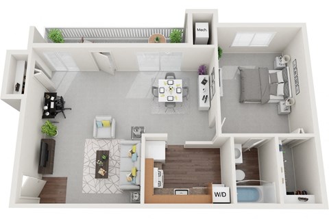Non-Renovated 1 Bed 1 Bath 595 sf 3D Floor Plan at Falls Village Apartments, Baltimore, 21209